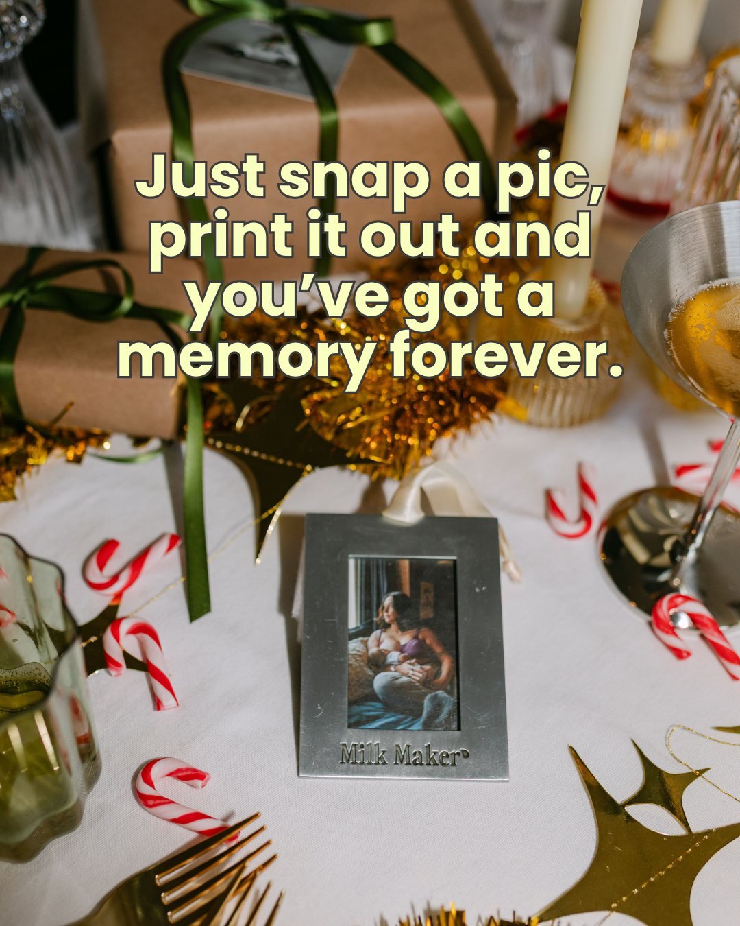 Silver Milk Maker photo frame Christmas ornament with ivory ribbon, holds a 2x3 breastfeeding photo, keepsake for nursing moms by The Little Milk Bar