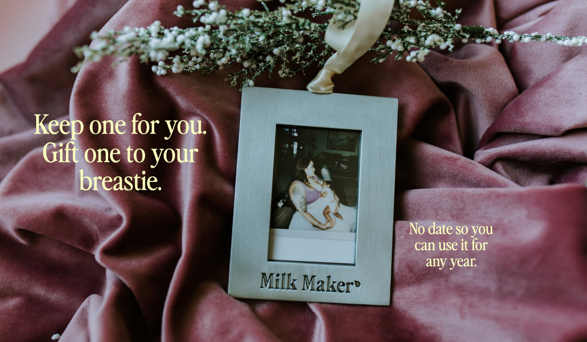 Milk Maker photo frame Christmas ornament hanging on the tree with a breastfeeding photo inside, silver keepsake gift for nursing moms by The Little Milk Bar