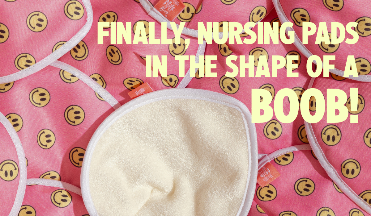 Teardrop-shaped reusable nursing pads with soft bamboo lining and smiley face print, shaped to fit your breast naturally